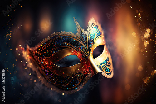 Colorful mask for Venice carnival with abstract blurred colorful background. Venetian costume. Generative AI.