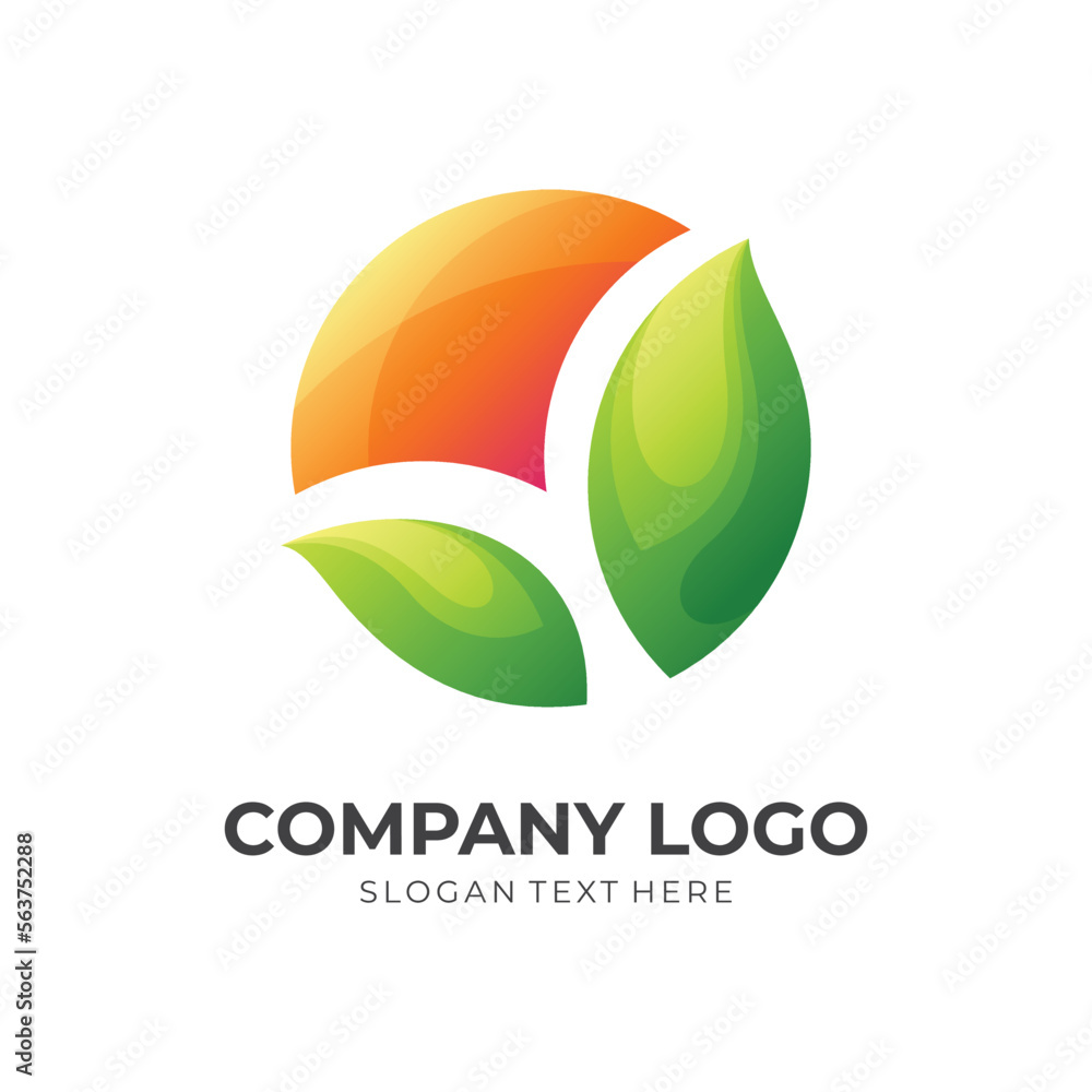 sunrise farm logo template, sun and leaf combination logo with 3d orange and green color style