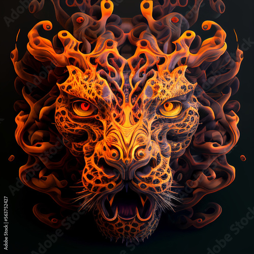 Big cat lion with flaming mane or , or leopard appearing through flames I cannot decide.