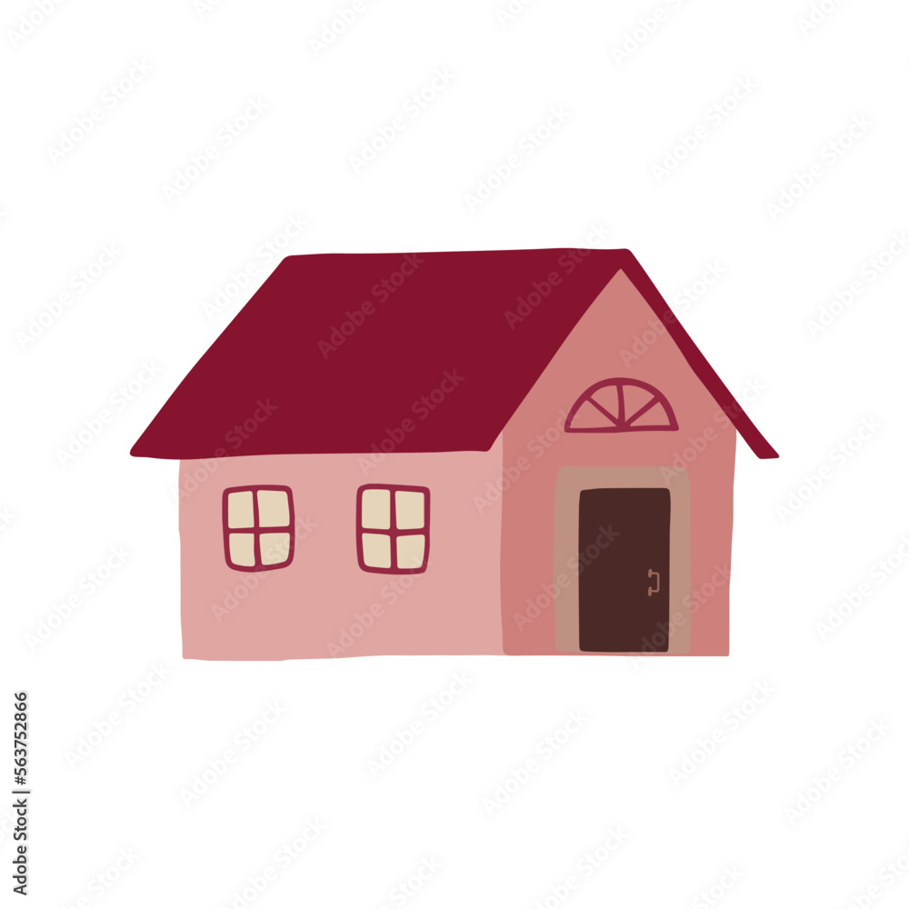 Winter cute cozy house. Sweet doodle pink home isolated on white background. Vector illustration Winter cute cozy house. Sweet doodle pink home isolated on white background. Vector illustration