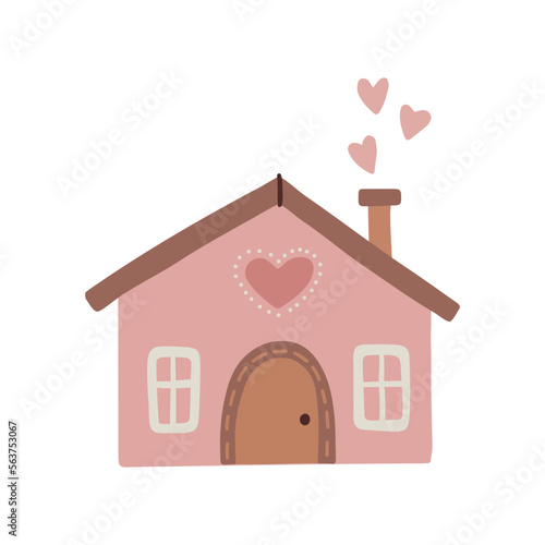 Winter cute cozy house. Sweet doodle pink home isolated on white background. Vector illustration