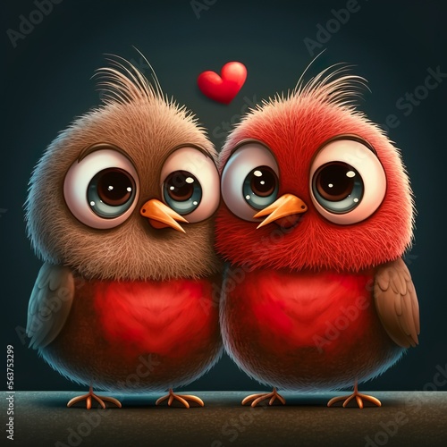 Love birds with red hearts - card for Valentine's day. Generated AI illustration © liliya