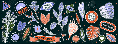 Set Collection of elements patches, labels, tags, stickers, and stamps. Save the Planet, plants, recycle, plant lover. Vector set, trendy