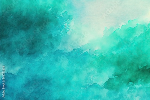 Light blue-green abstract pattern clouds. The background has a painted watercolor paper texture, giving it a unique and organic feel. The dominant color is teal.