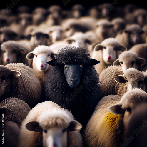 A herd of black sheep with a white one in the middle, generative AI photo