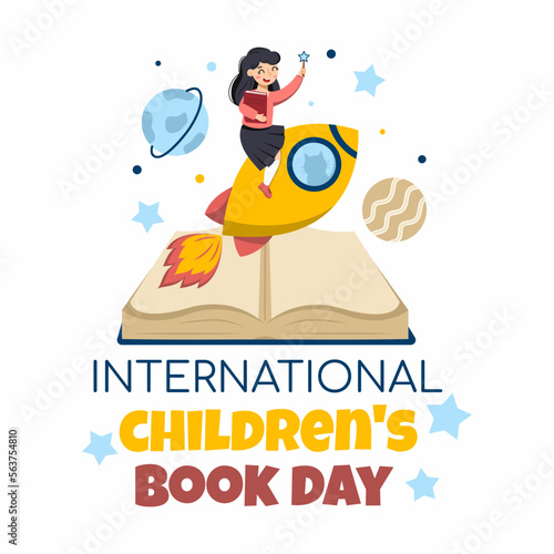 Happy cute girl is flying on rocket into space. International Children's Book Day. Vector illustration in cartoon style. Banner. April 2.