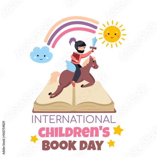 Knight on horseback. Rainbow, sun and cloud.  Magical country. International Children's Book Day. Banner. Vector illustration in cartoon style. Boy and horse.