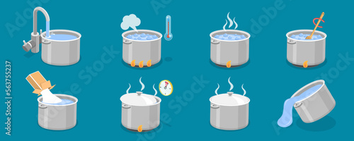 Vector Illustration of Boiling In Cooking Pot Set, Boiled Steamed Water