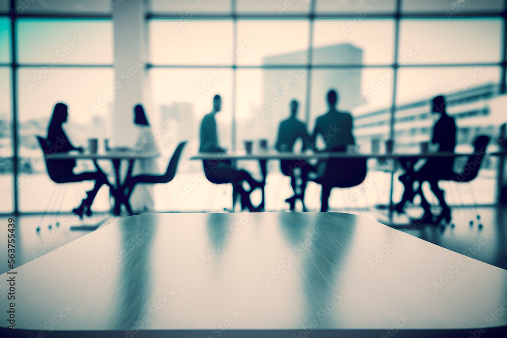 Colleagues communicating in office of display desk in modern office with blurred business people gathering at table on background. AI generated image. Colleagues communicating in office of display desk in modern office with blurred business people gathering at table on background. AI generated image.