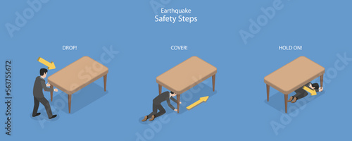 3D Isometric Flat Vector Conceptual Illustration of Earthquake Safety Steps, Labeled Educational Schema
