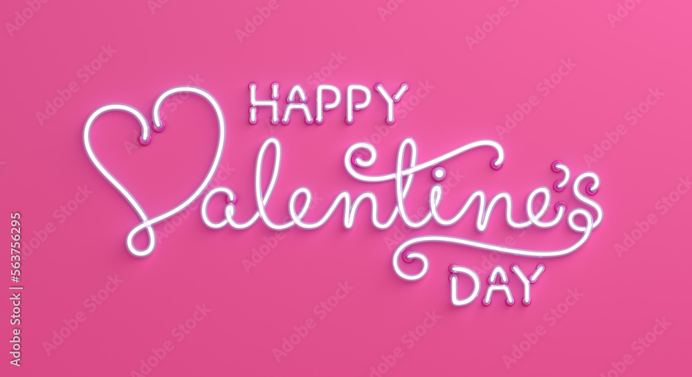 Happy Valentines day neon text background, 3d rendering illustration