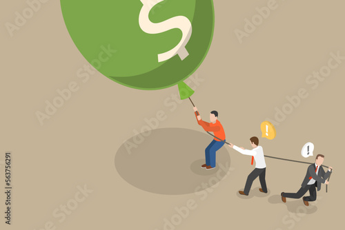 3D Isometric Flat Vector Conceptual Illustration of Inflation and Financial Crisis, FED is Pull Big Inflation Balloon Down