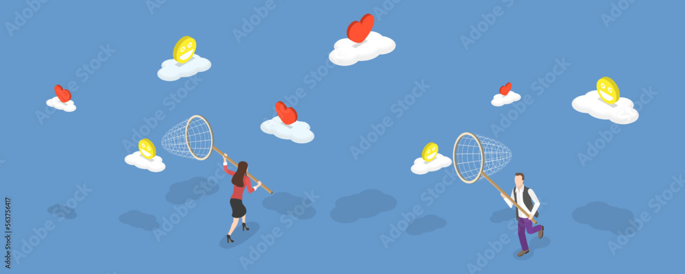 3D Isometric Flat Vector Conceptual Illustration of Chasing For Passion, Searching for Relationship