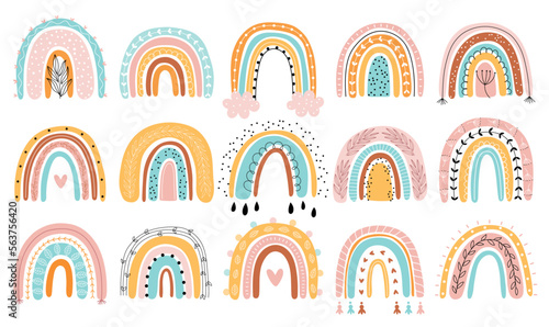 Cute Boho floral rainbows for your design, childish hand drawn botanical elements. Nursery theme,