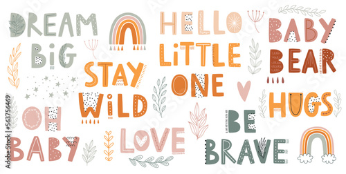 Cute Boho Letterings for your design - Dream big, Stay wild, Be brave, Hello little one and others. Childish hand drawn elements. Nursery theme,