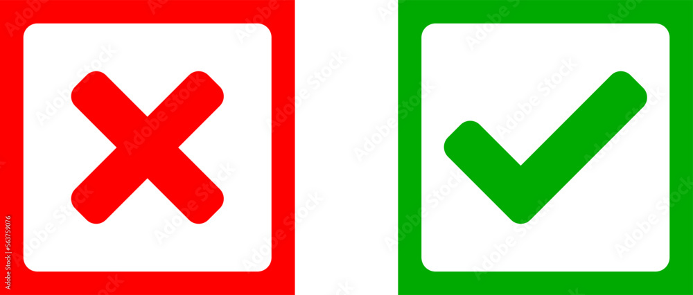 Yes and No or Right and Wrong or Approved and Declined Icons with Check Mark and X Signs in Green and Red Squares. Vector Image. Yes and No or Right and Wrong or Approved and Declined Icons with Check Mark and X Signs in Green and Red Squares. Vector Image.