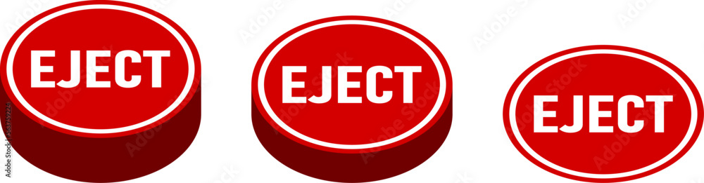 Red Eject Push Button Badge Icon Set in Perspective View in Various Stages. Vector Image. Red Eject Push Button Badge Icon Set in Perspective View in Various Stages. Vector Image.