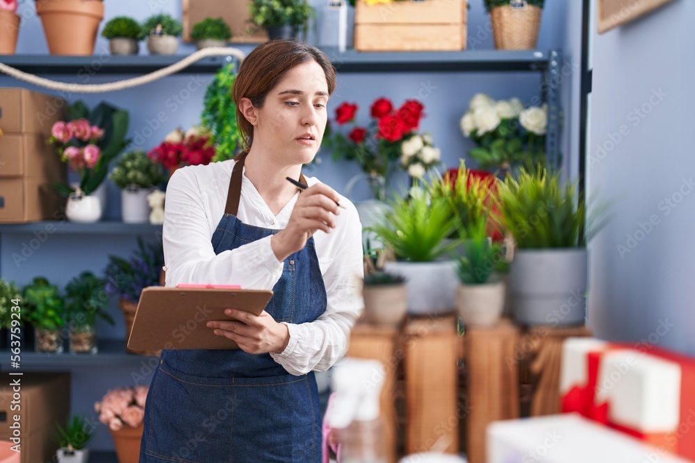Young woman florist writing on clipboard at florist shop Young woman florist writing on clipboard at florist shop