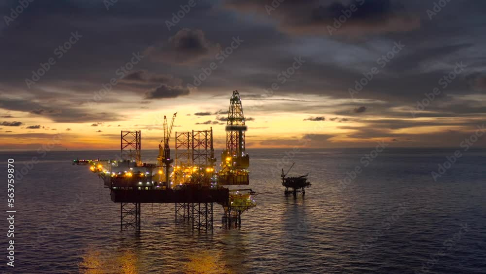 Aerial view of offshore jack up drilling rig during sunset - oil and gas industry
Aerial view of offshore jack up drilling rig during sunset - oil and gas industry