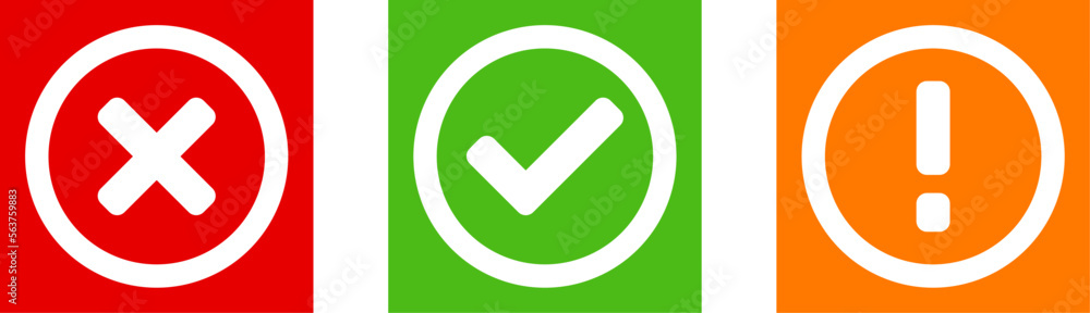 Green Yes or OK Red No or Declined Orange Problem or Warning Icon Set with Check Mark X Cross and Exclamation Mark Symbols in Squares. Vector Image. Green Yes or OK Red No or Declined Orange Problem or Warning Icon Set with Check Mark X Cross and Exclamation Mark Symbols in Squares. Vector Image.
