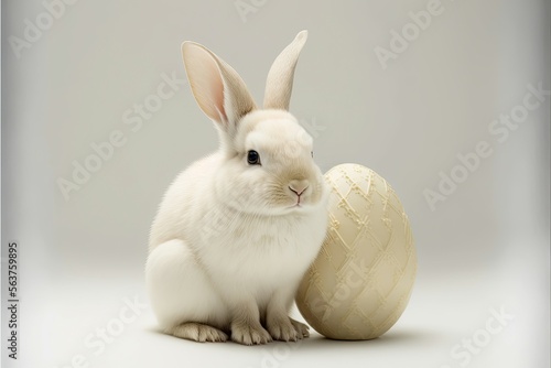 Generative AI hyper realistic white cute baby rabbit hatching out of an easter egg