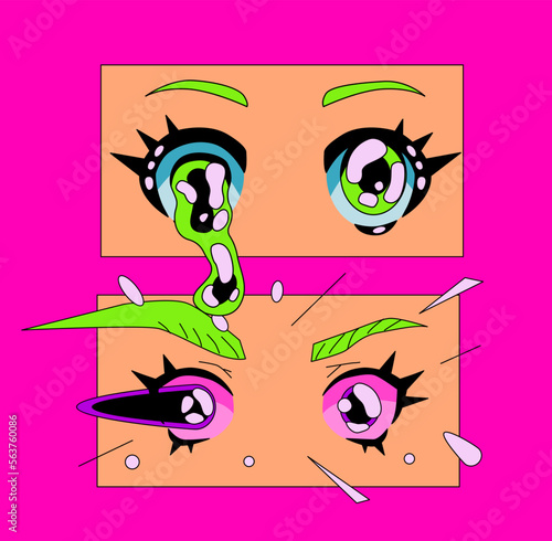 Surreal psychedelic style illustration of a melting anime eyes. Poster or t-shirt print template.