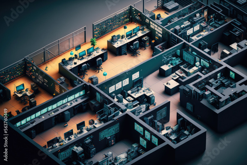 A top-down view of a modern office space with rows of computer workstations and high-tech equipment, generative ai