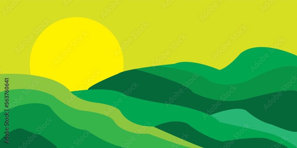 landscape with grass and hills sunrise green field vector