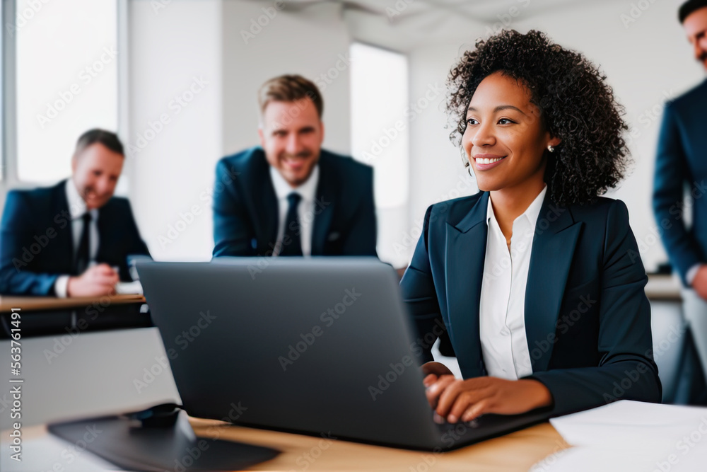 Black woman leader in office, workplace and happy group project, startup or confident. Proud, hard-working woman or smile for successful strategy, planning or at work space Black woman leader in office, workplace and happy group project, startup or confident. Proud, hard-working woman or smile for successful strategy, planning or at work space