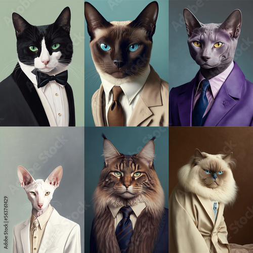 Fototapeta Set of 6 portraits of dandy cats wearing cool suits, illustration made with Gene