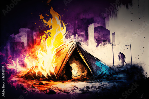 Urban Blaze: A Campfire in a Downtown Homeless Camp - Perfect for Infographics and Design Projects