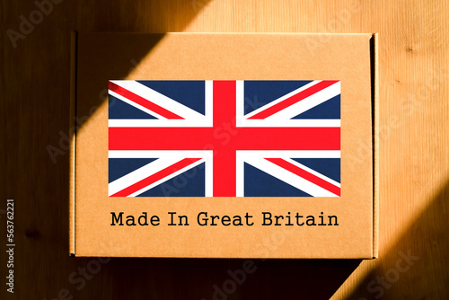 Made in Great Britain. Cardboard boxes with text "Made In Great Britain" and the Flag of UK.