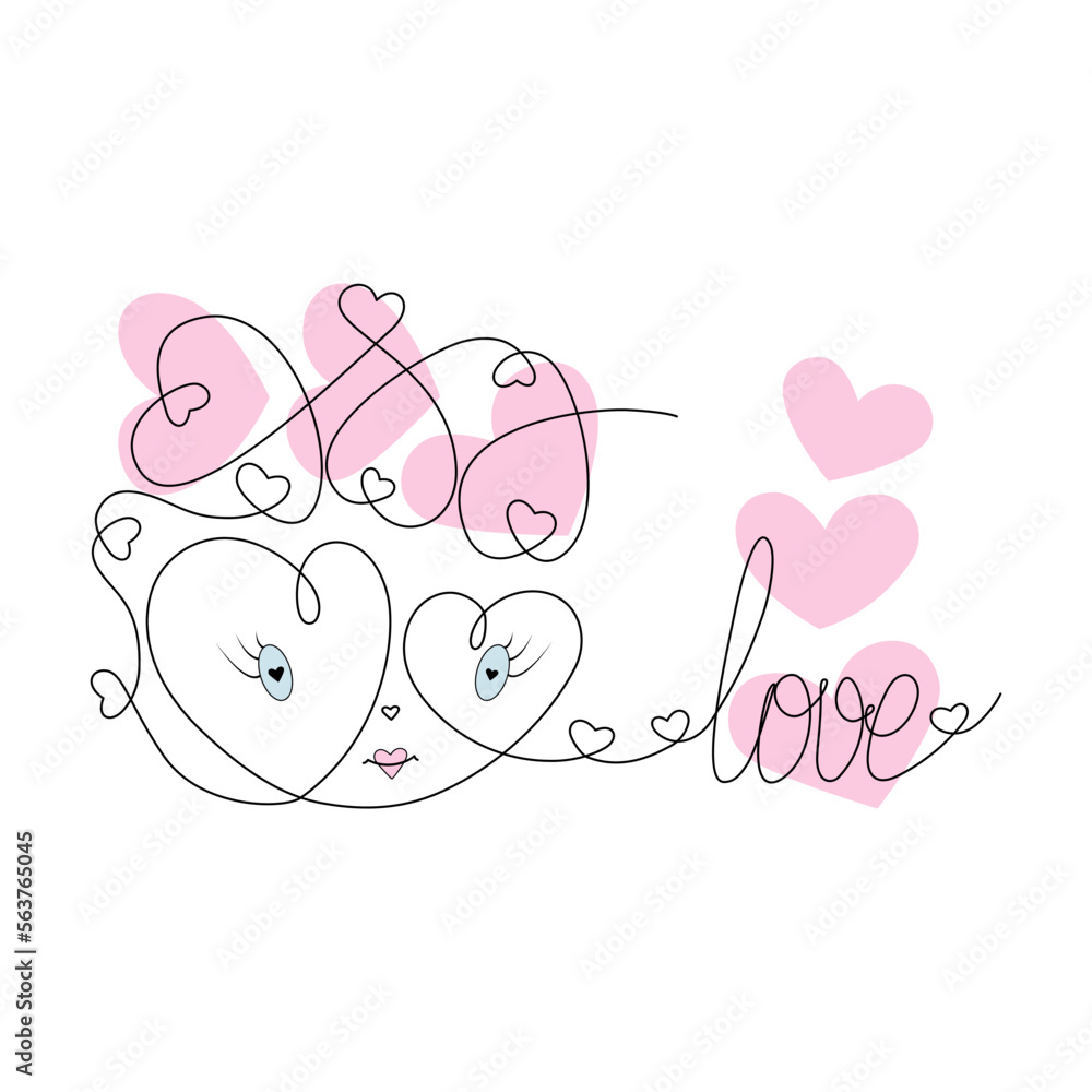 Continuous line drawing heart in cartoon style made up of many hearts and lettering Love. Valentine