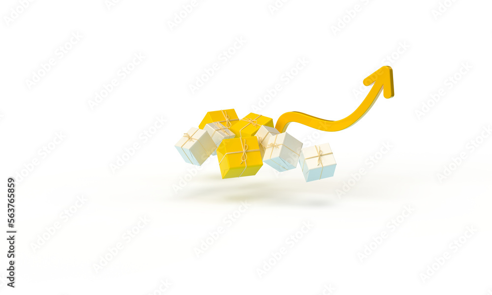 Up arrow and gifts. 3d rendering on the topic of magnification, dynamics, dashboard, analytics. Modern minimal style. Transparent background. Up arrow and gifts. 3d rendering on the topic of magnification, dynamics, dashboard, analytics. Modern minimal style. Transparent background.