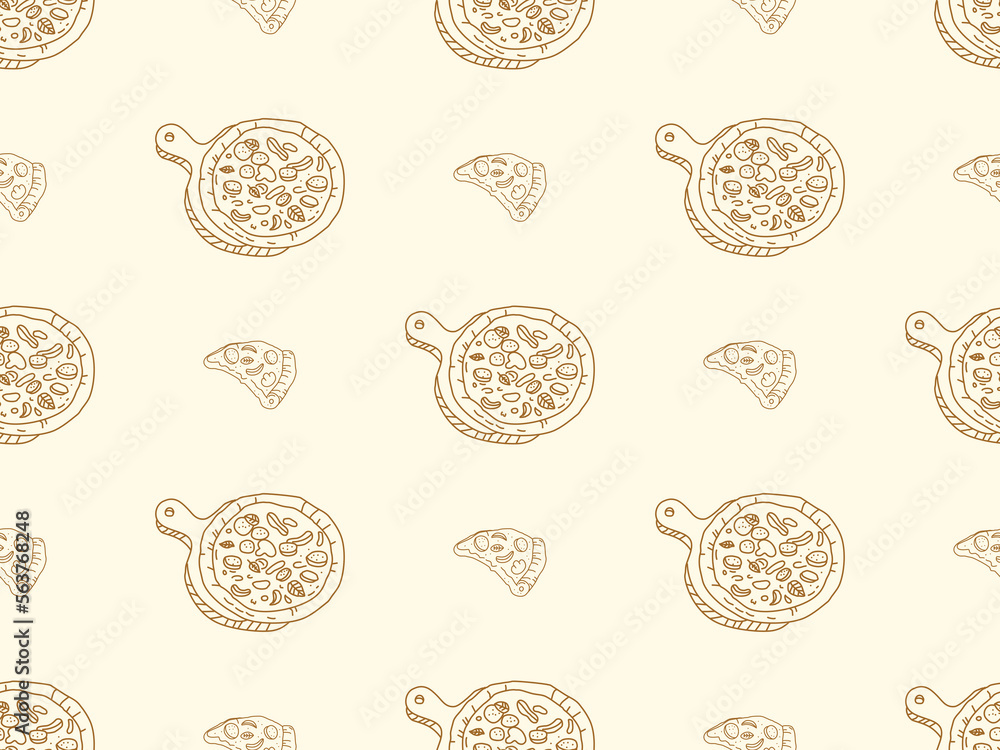 Pizza cartoon character seamless pattern on orange background.