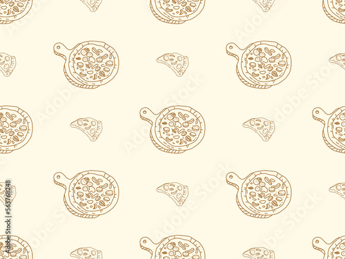 Pizza cartoon character seamless pattern on orange background.