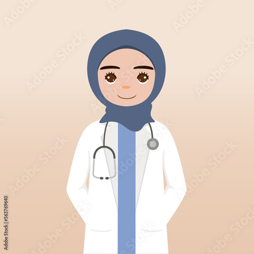 Front view hijab doctor character. Doctor character creation face emotions, pose and gesture. Cartoon style, flat vector illustration.Female hijab doctor finger pointing up, holding clipboard.