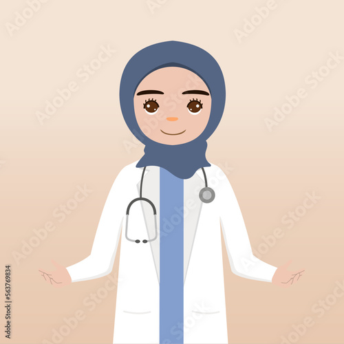 Front view hijab doctor character. Doctor character creation face emotions, pose and gesture. Cartoon style, flat vector illustration.Female hijab doctor finger pointing up, holding clipboard.