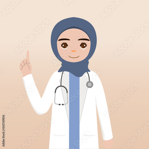 Front view hijab doctor character. Doctor character creation face emotions, pose and gesture. Cartoon style, flat vector illustration.Female hijab doctor finger pointing up, holding clipboard.