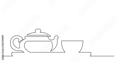 continuous line drawing vector illustration with FULLY EDITABLE STROKE of asian style tea pot and cup