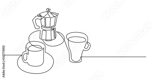continuous line drawing vector illustration with FULLY EDITABLE STROKE of coffee pot with two cups of coffee on table top