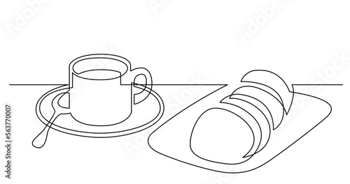 continuous line drawing vector illustration with FULLY EDITABLE STROKE of cup of coffee with bisquits