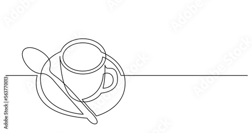 continuous line drawing vector illustration with FULLY EDITABLE STROKE of cup of coffee with spoon and saucer