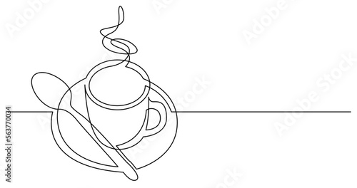 continuous line drawing vector illustration with FULLY EDITABLE STROKE of cup of hot coffee with spoon and saucer