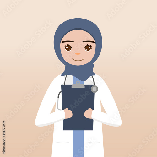 Front view hijab doctor character. Doctor character creation face emotions, pose and gesture. Cartoon style, flat vector illustration.Female hijab doctor finger pointing up, holding clipboard.