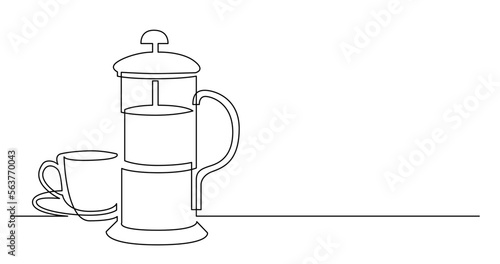 continuous line drawing vector illustration with FULLY EDITABLE STROKE of french press and cup of coffee
