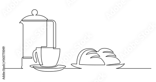 continuous line drawing vector illustration with FULLY EDITABLE STROKE of french press cup of coffee and croissants