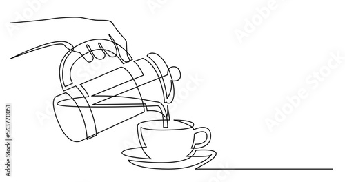continuous line drawing vector illustration with FULLY EDITABLE STROKE of hand holding french press pouring coffee in cup