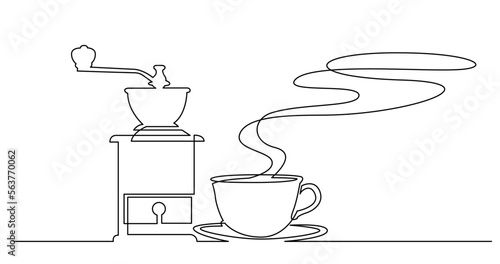 continuous line drawing vector illustration with FULLY EDITABLE STROKE of hot aroma cup of coffee and vintage manual coffee grinder