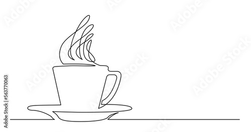 continuous line drawing vector illustration with FULLY EDITABLE STROKE of hot coffee cup and saucer